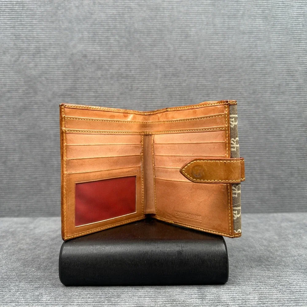 Dooney & Bourke Monogram Canvas Bifold Wallet Tan Leather Trim‎ Logo Lock Y2K